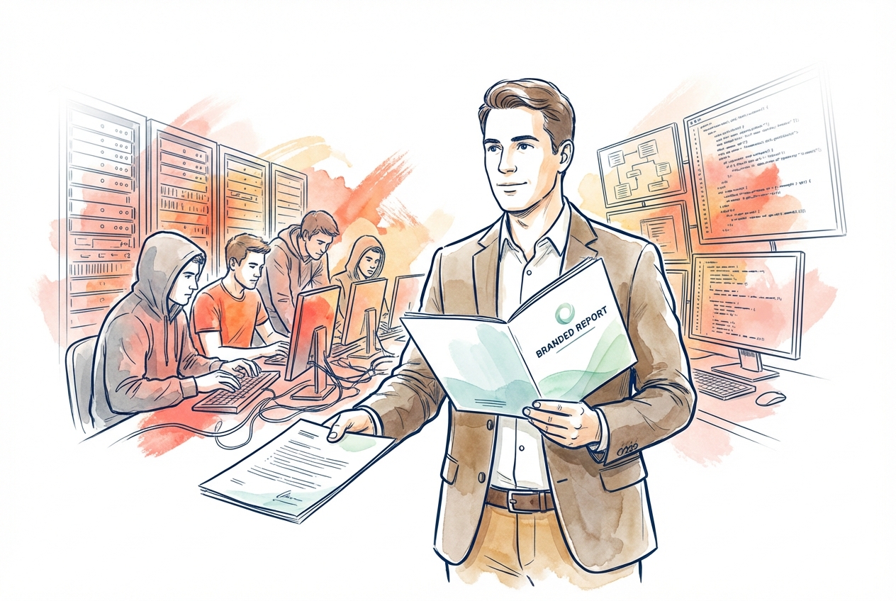 Illustration of consultant choosing between custom development complexity and a proven platform