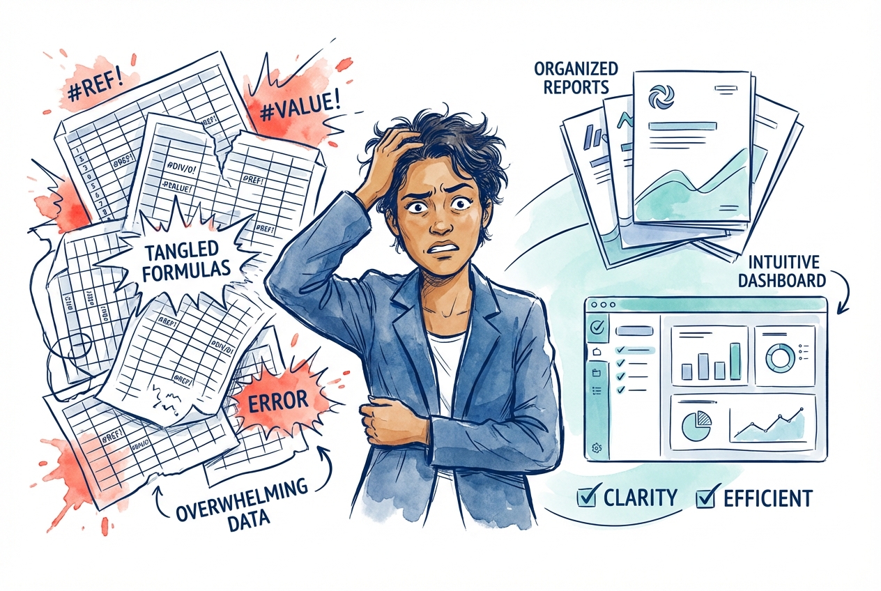 Illustration comparing spreadsheet chaos with organised 360 feedback reports