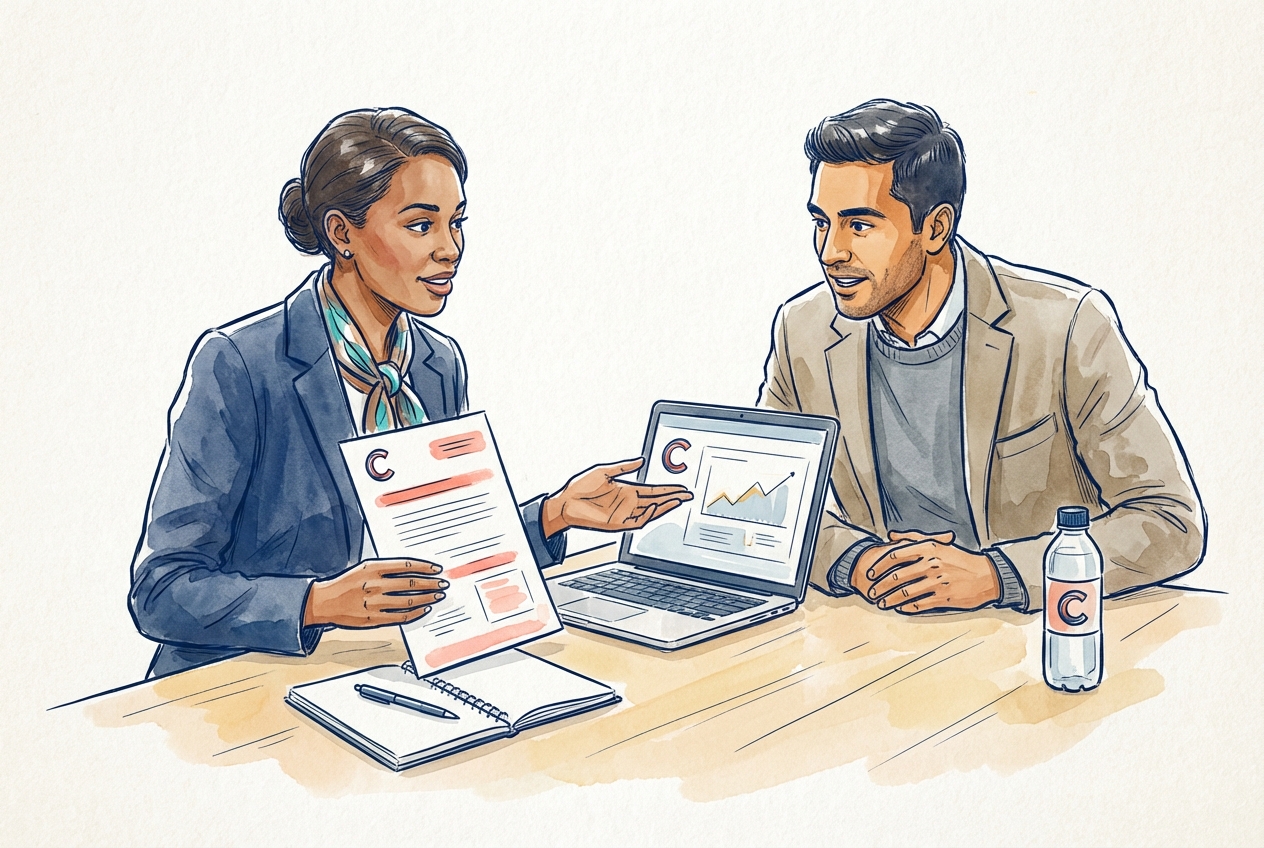 Illustration of consultant presenting branded 360 feedback to a client