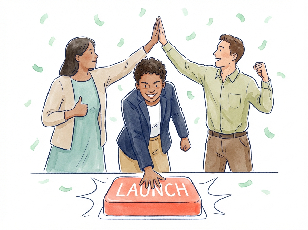Launch phase illustration - team celebration
