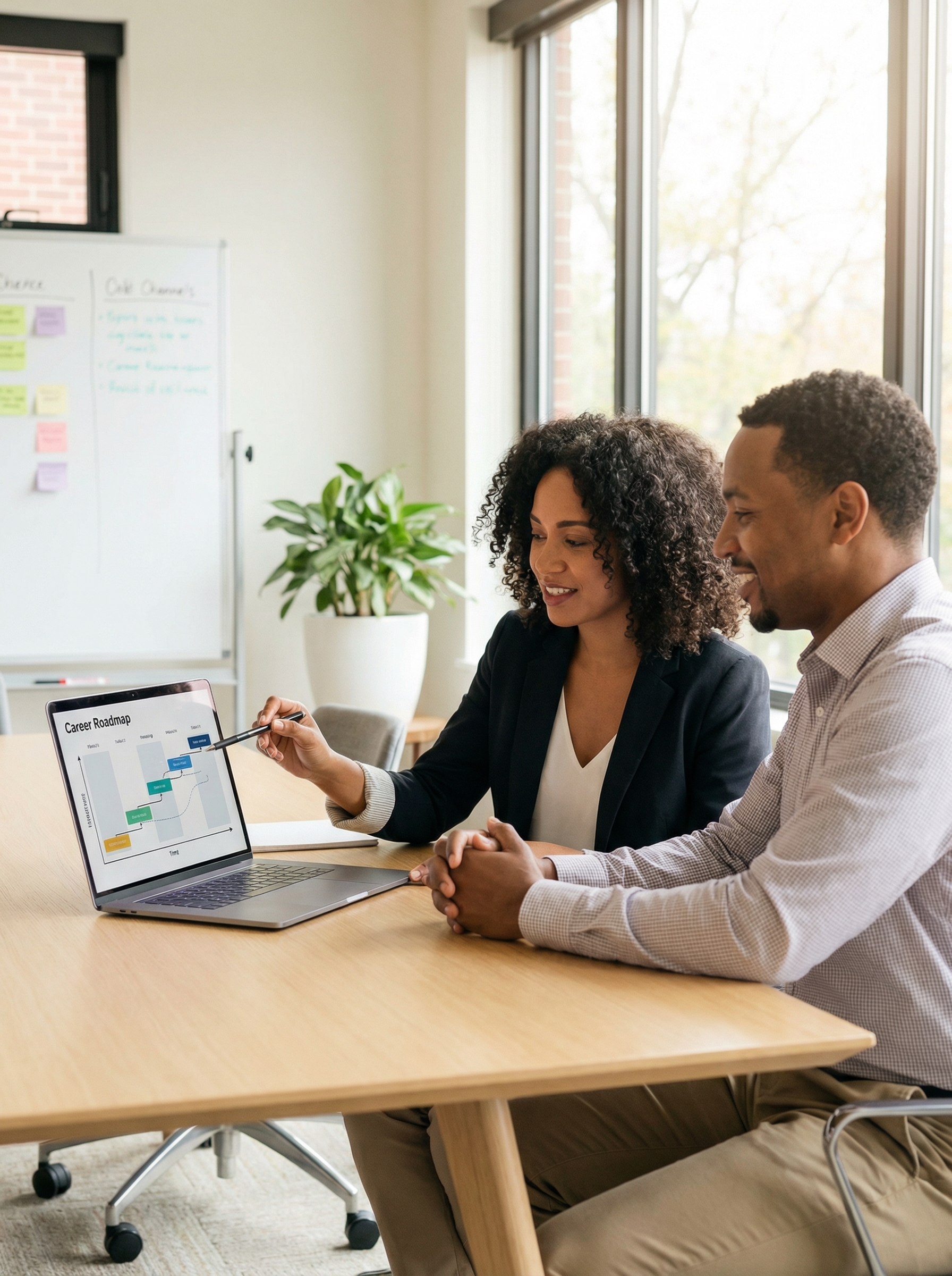 Career coaching session - two professionals reviewing career development plans