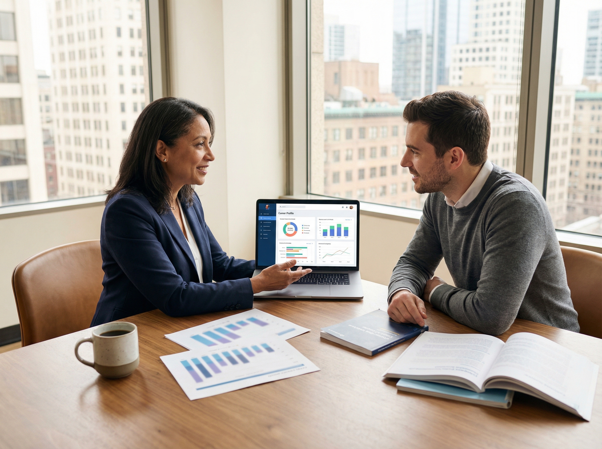 Career assessment and coaching session in a modern office