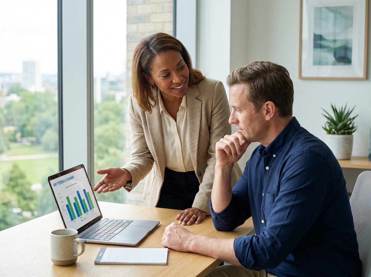 Executive coach reviewing 360 feedback report with a leader