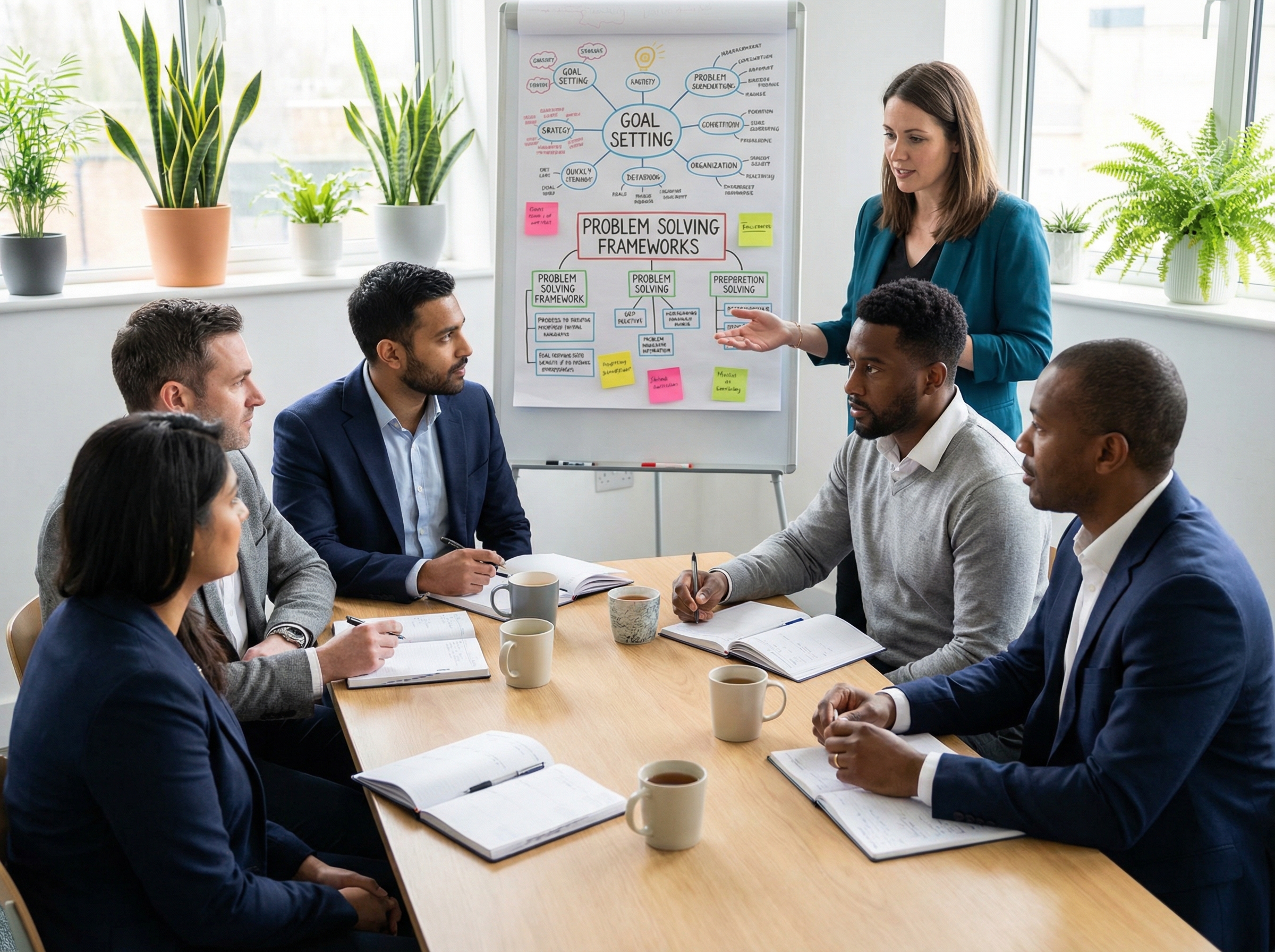 Facilitated group coaching exercise in a modern workshop space