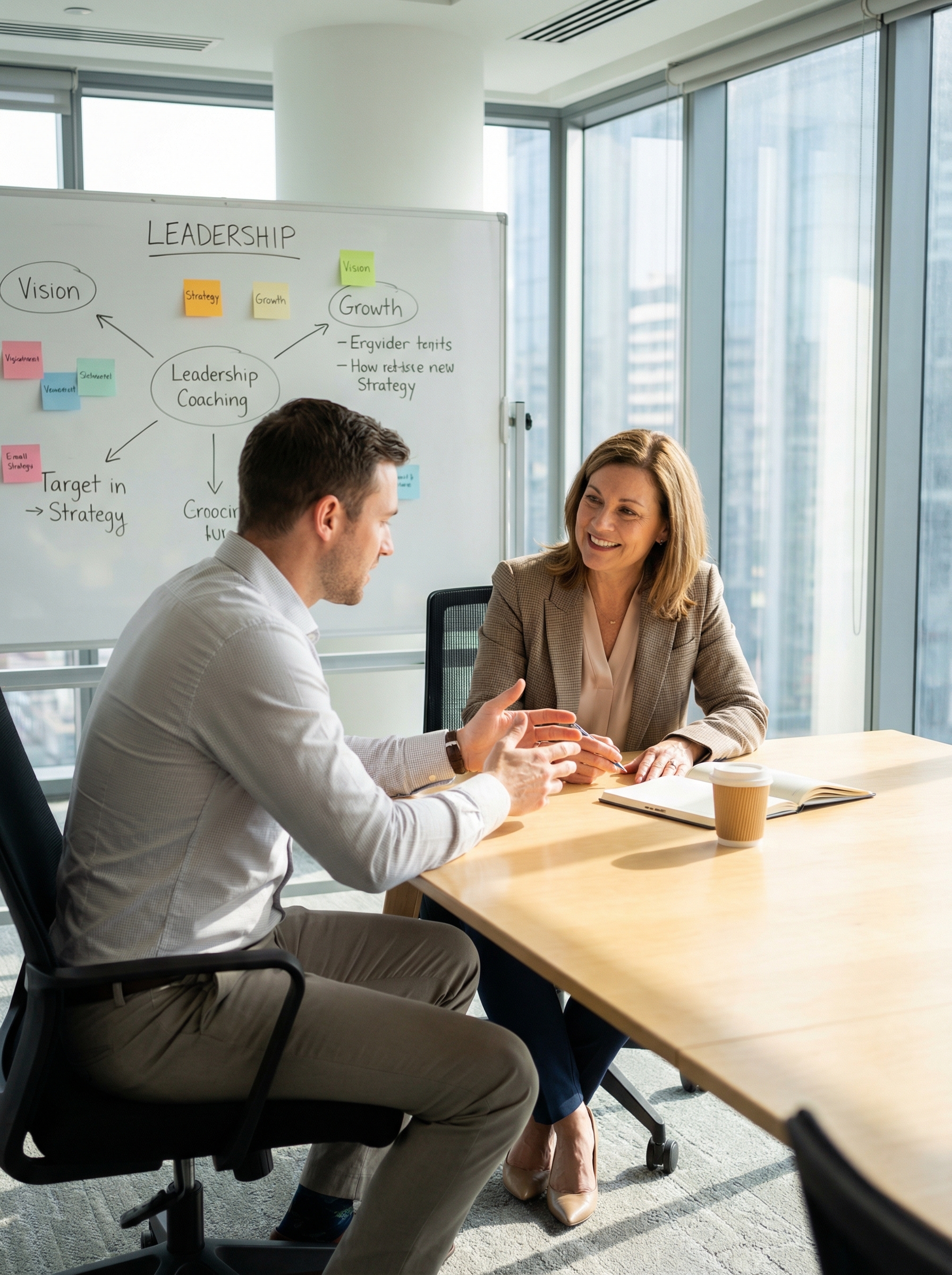 Leadership coaching session - coach and leader in a modern conference room