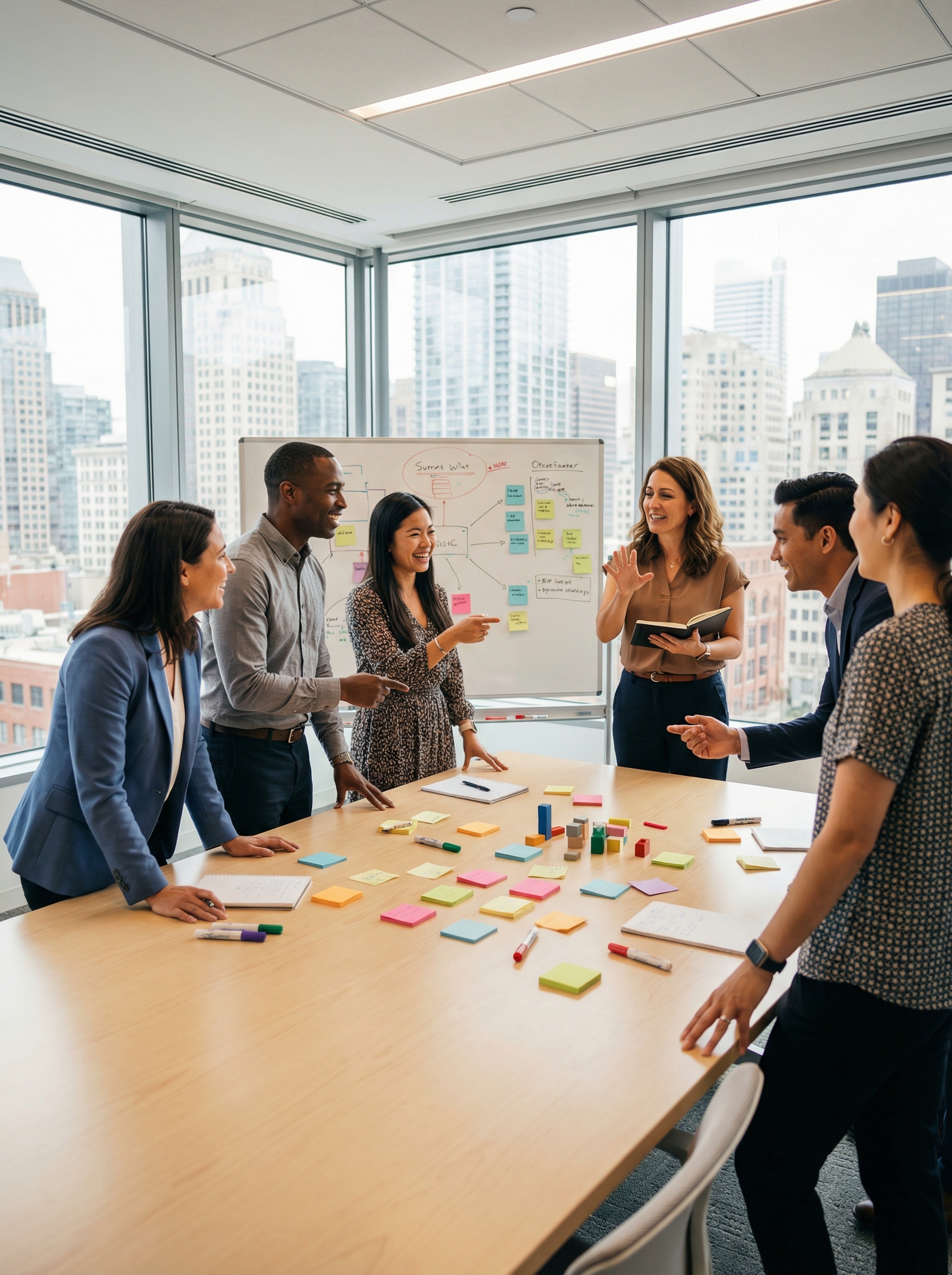 Team coaching session - diverse team collaborating in a modern meeting room