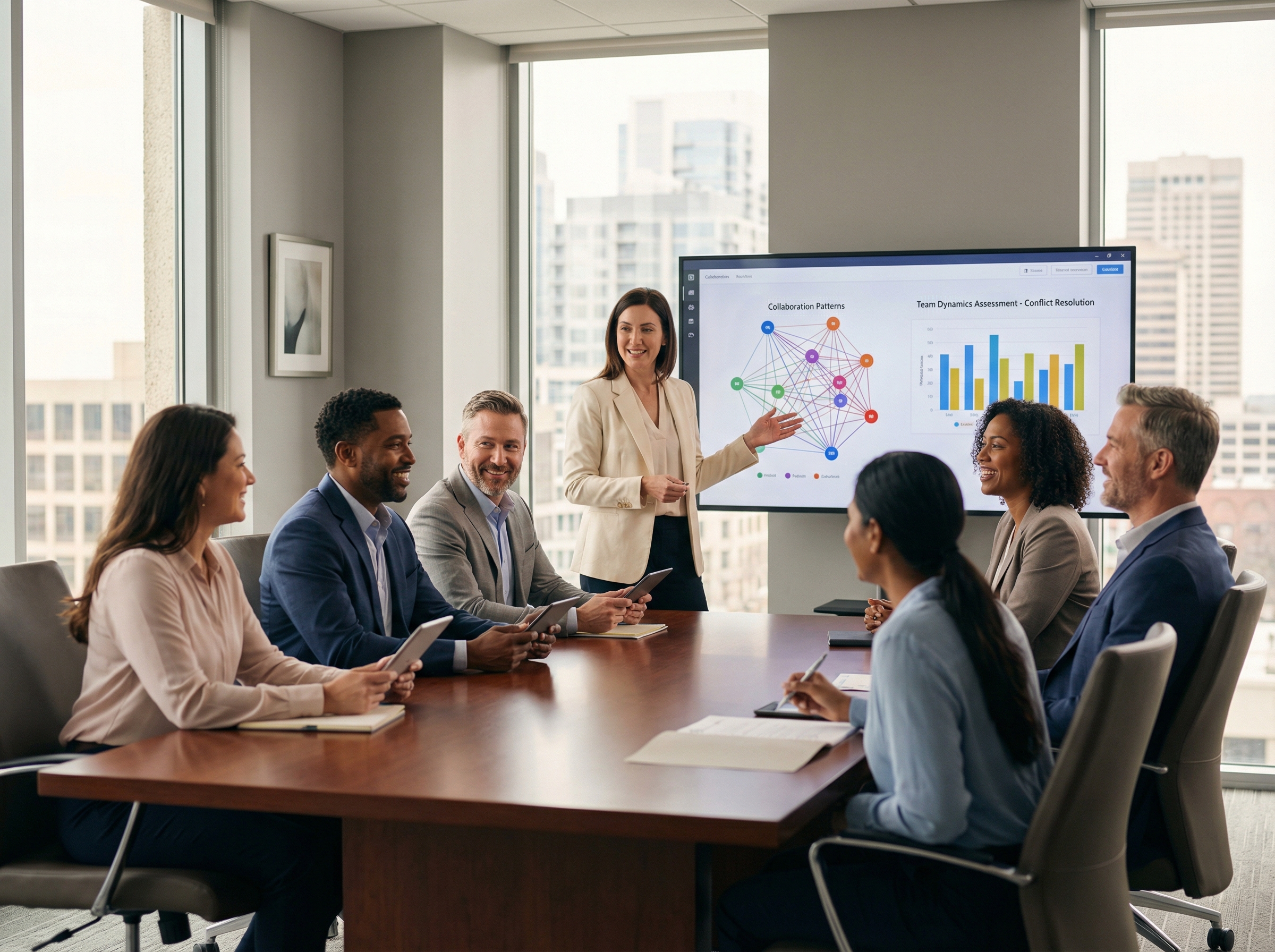 Team assessment workshop reviewing team dynamics data