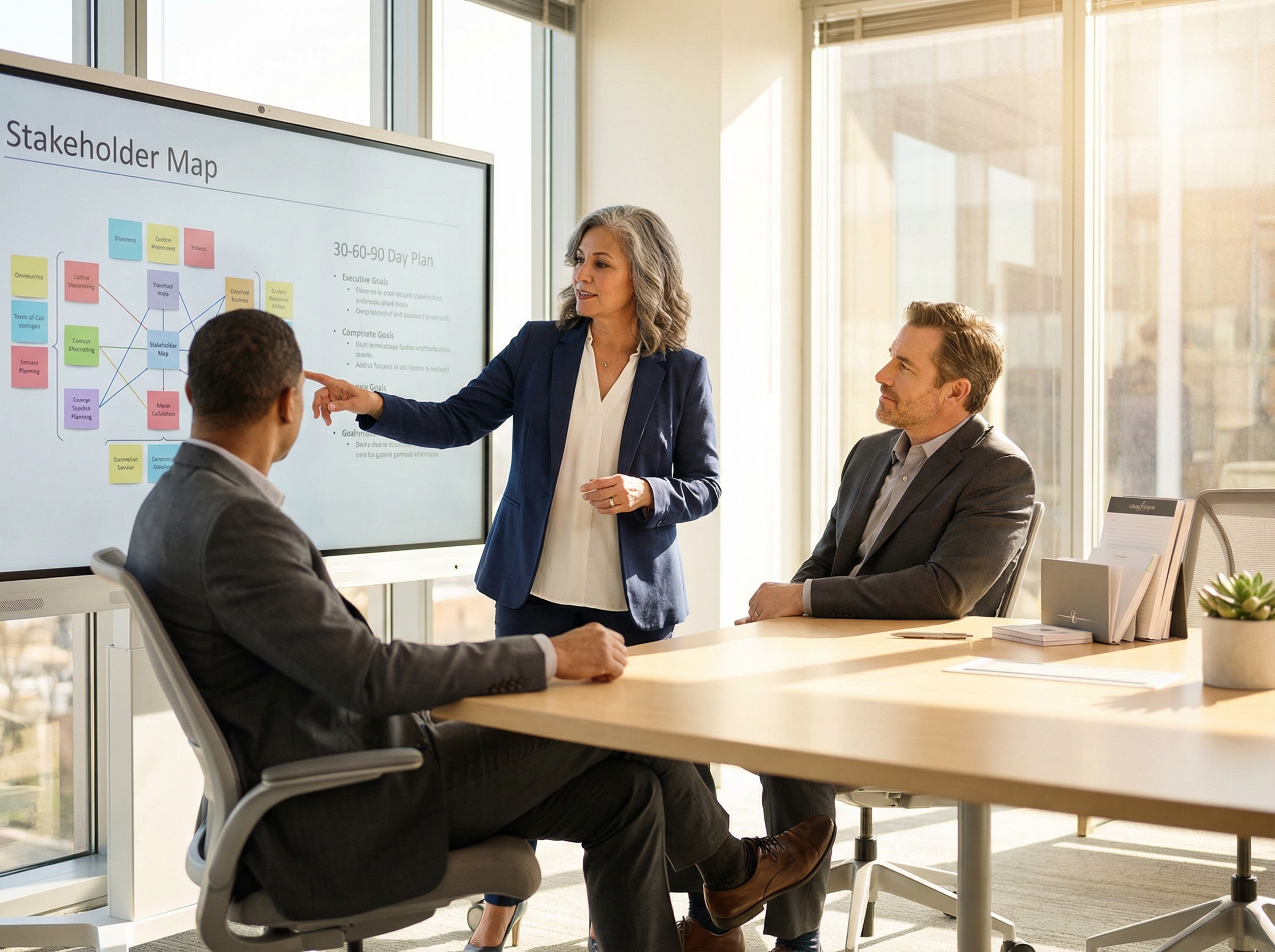 Transition planning session with stakeholder mapping and 30-60-90 day plan