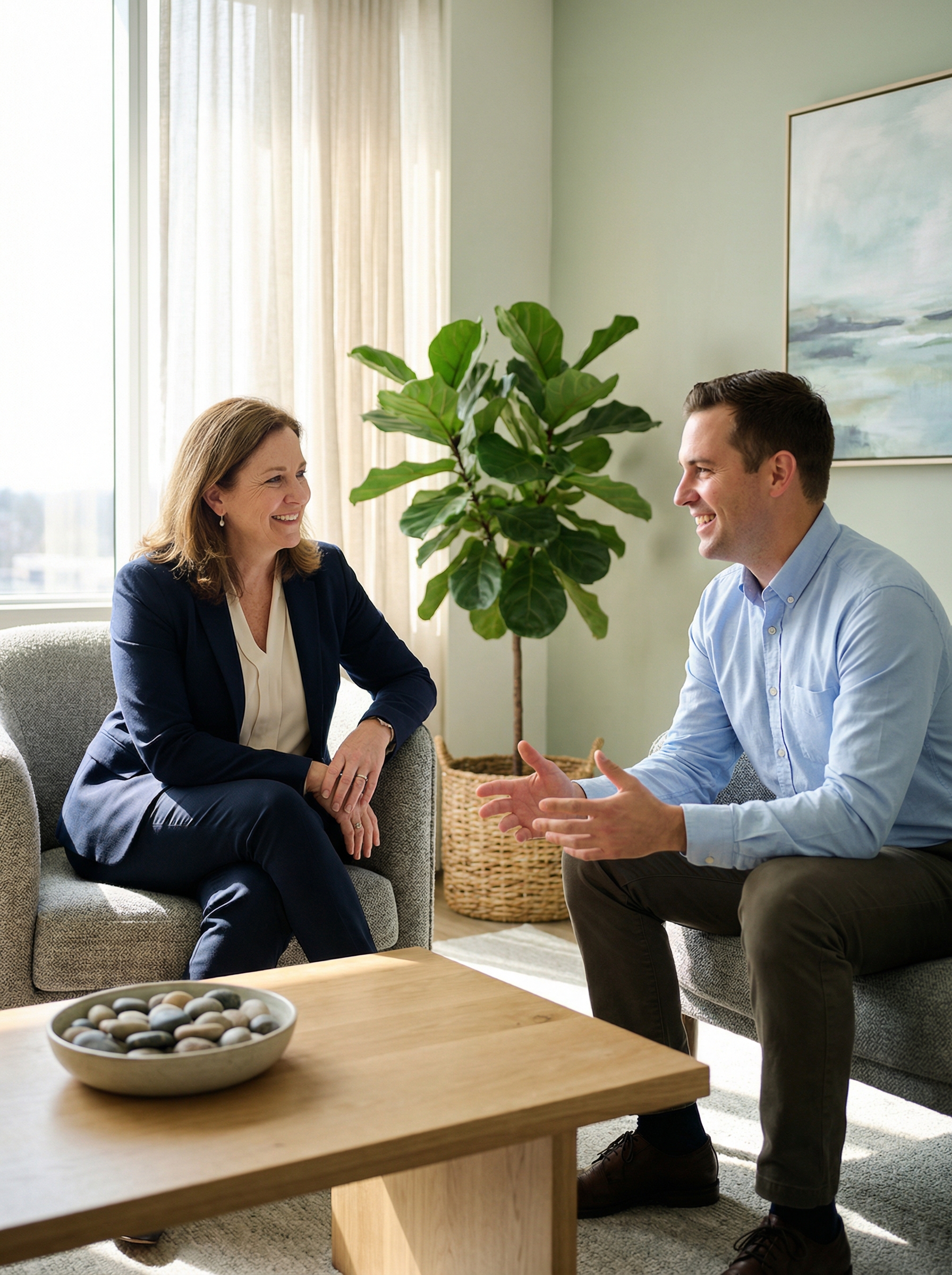 Wellbeing and resilience coaching session in a calm, modern office